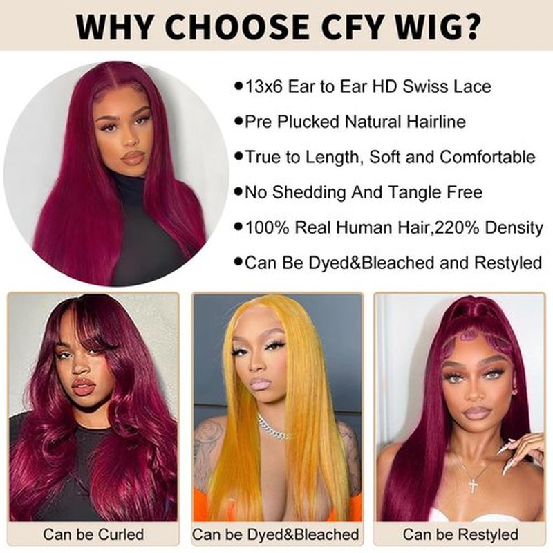 CFY Bob Wig Human Hair 13x6 HD Lace Frontal Short Straight 8 Inch Lace Front Bob Wigs Human Hair Pre Plucked Glueless 200% Density Wine Red 99J Burgundy Color