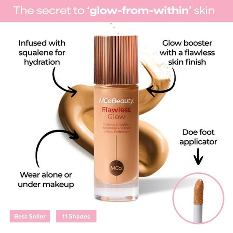 MCoBeauty Flawless Glow Luminous Skin Filter - 4-in-1 Primer & Highlighter - Medium 4.5 Dewy Face Makeup with Squalane & Vitamin E - Vegan & Cruelty-Free