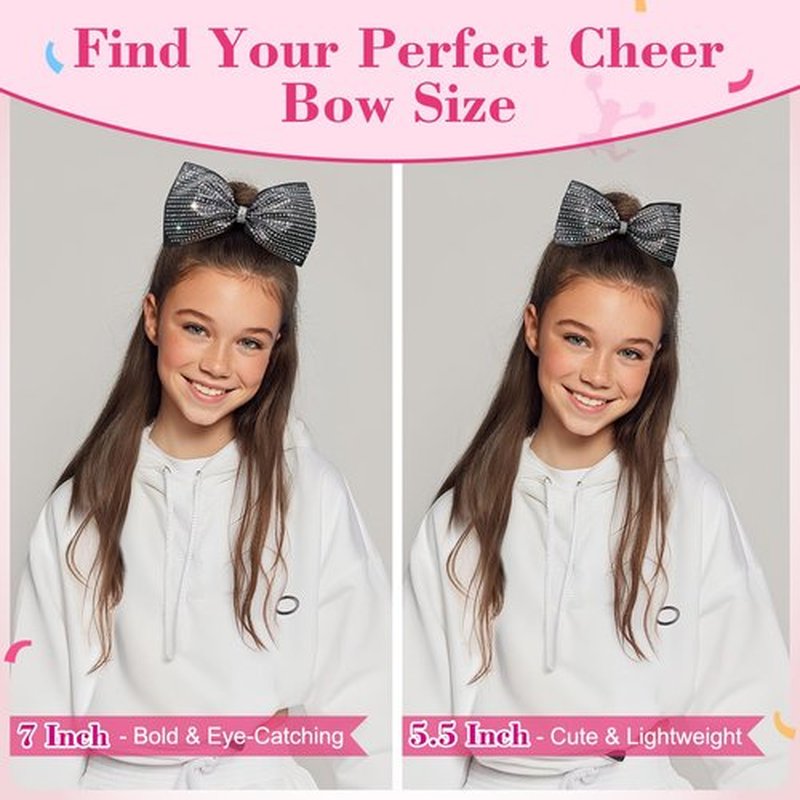 DEEKA Black Glitter Tailless Cheer Bows Large 6.5" Rhinestones Competition Hair Bow Elastic Band for Cheerleading Cheerleaders Girls (Glitter Black)