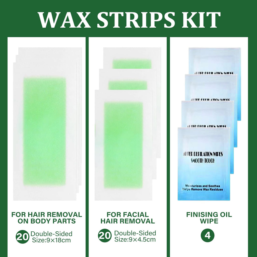 Wax Strips For Hair Removal, Waxing Kit For Women, Wax strins Hvpoalleraenic Facial Hair Removal for WomenAnd Men, Waxing Hair Removeal Kit with 80 PCS +4Calming Oil Wipes(Green, Pack of 80)