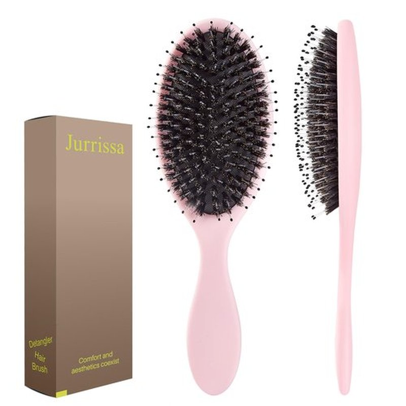 Jurrissa Boar Bristles Hair Brush for Women and Men, Detangling Hair Brush for Smoothing Massage Add Shine, Nylon&Boar Bristles Detangler brush for Hair Healthy (1 Pack-Pink)