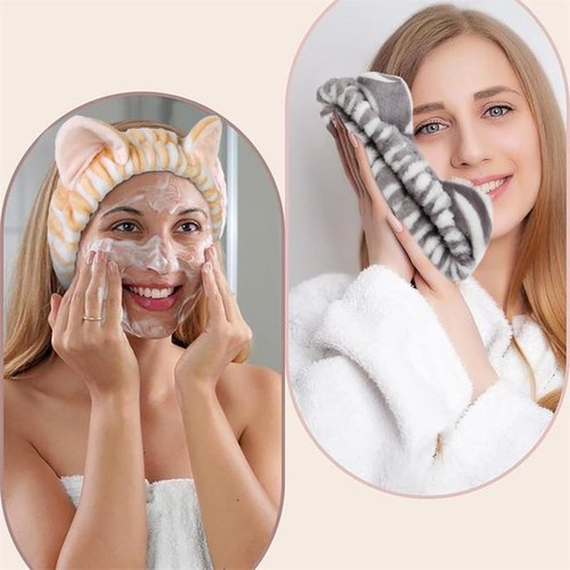 TEBIEKOY Plush Cat Ears Spa Headband For Washing Face Skincare Makeup, Elastic Animal Headbands for Women Girls Soft Coral Fleece Facial Wash Hair Accessories Trendy Stuff Gifts, 2PCS