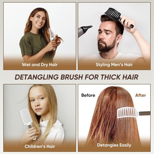 Kertiberif 2 Pack Curved Vented Detangling Brush for Wet and Dry Hair, Paddle Styling Hair Brush for Faster Blow Drying, Detangler Brush for Women Men Curly Thick Hair