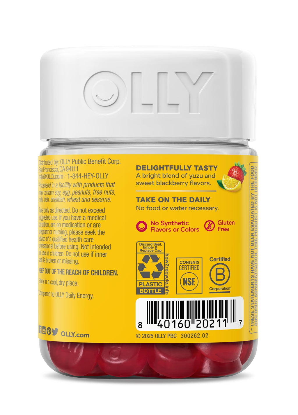 OLLY Extra Strength Daily Energy Gummy, Caffeine Free Cellular Energy Production,* 1000 mcg Vitamin B12, CoQ10, Goji Berry, Adult Chewable Supplement, Berry Yuzu Flavored, 30 Day Supply - 60 Count