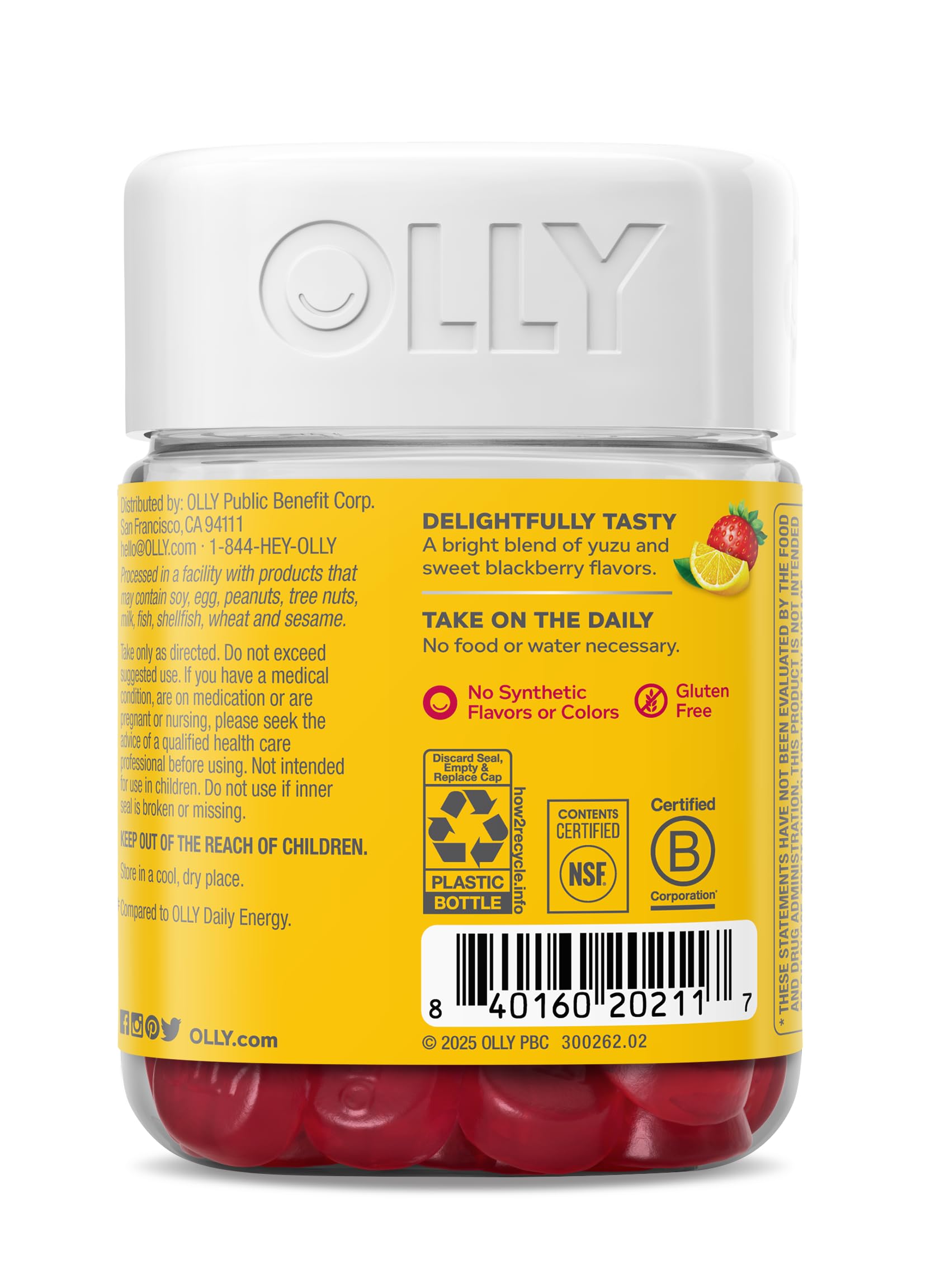 OLLY Extra Strength Daily Energy Gummy, Caffeine Free Cellular Energy Production,* 1000 mcg Vitamin B12, CoQ10, Goji Berry, Adult Chewable Supplement, Berry Yuzu Flavored, 30 Day Supply - 60 Count