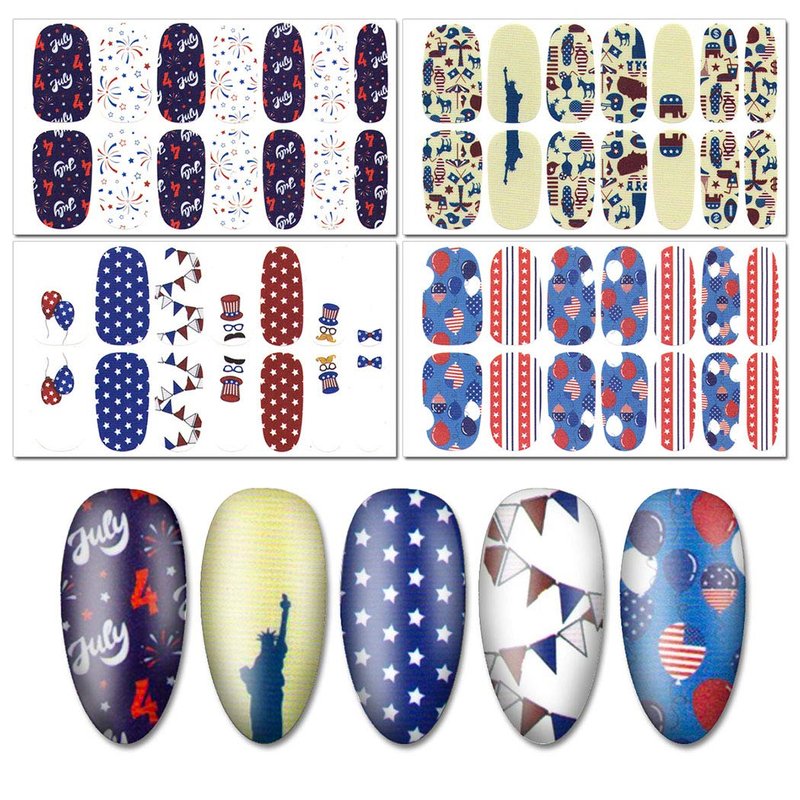 WOKOTO 16 Pcs Independence Day Nail Strips Polish Stickers Fourth of July Self Adhesive Nail Stickers Wraps for Nails Set with 1 Pc Nail File 14 Tips Per Sheet Manicure Strips