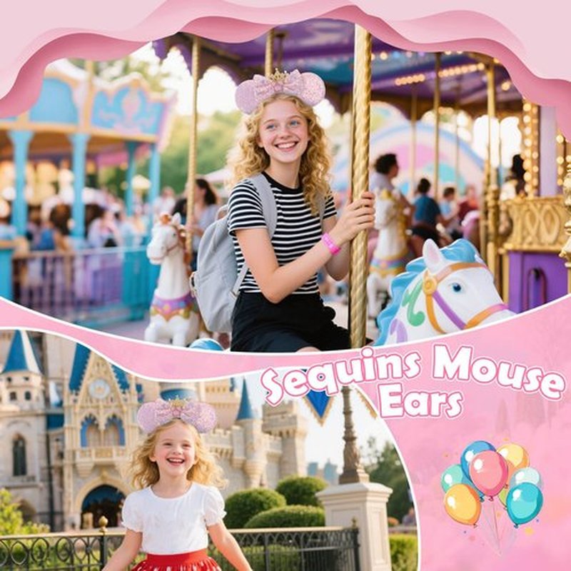 CANMIL Mouse Ears Headband, Sparkle Princess Bow Hairband for Women Girls, Cute Sequin Hair Beauty Accessories (Pink Crown)