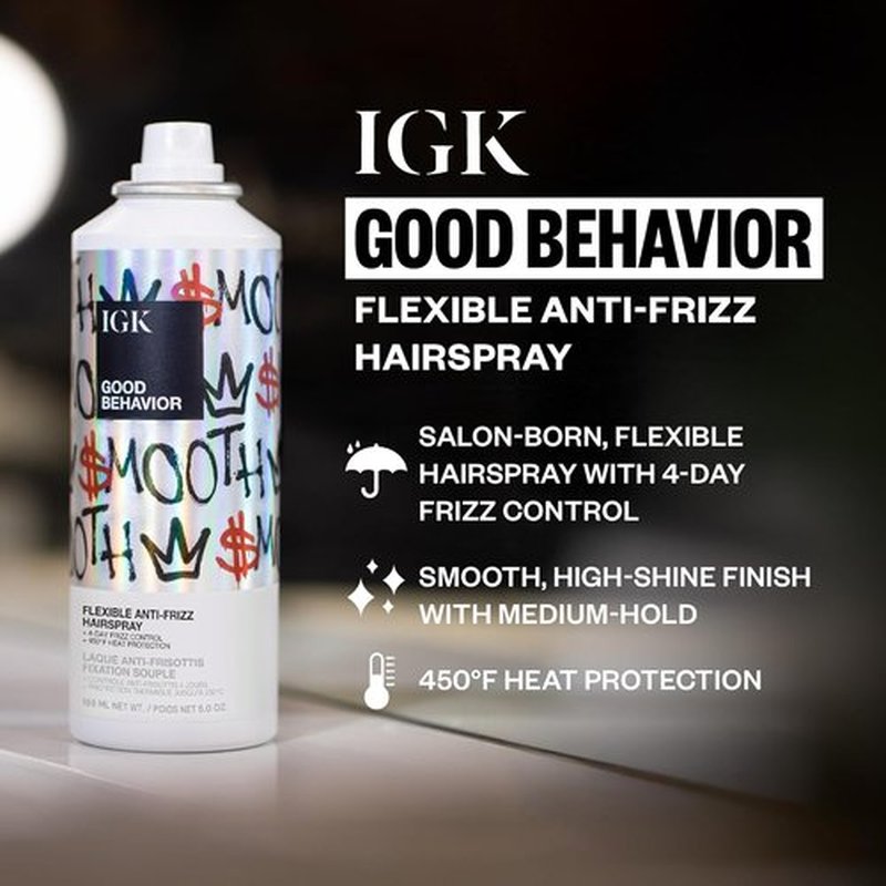 IGK Good Behavior Holiday 2025 Gift Set - Flexible Hairspray 5 oz, Smoothing Spray 5.6 oz, 4-in-1 Prep Spray 7 oz | Anti-Frizz, Heat Protection & Shine for All Hair Types