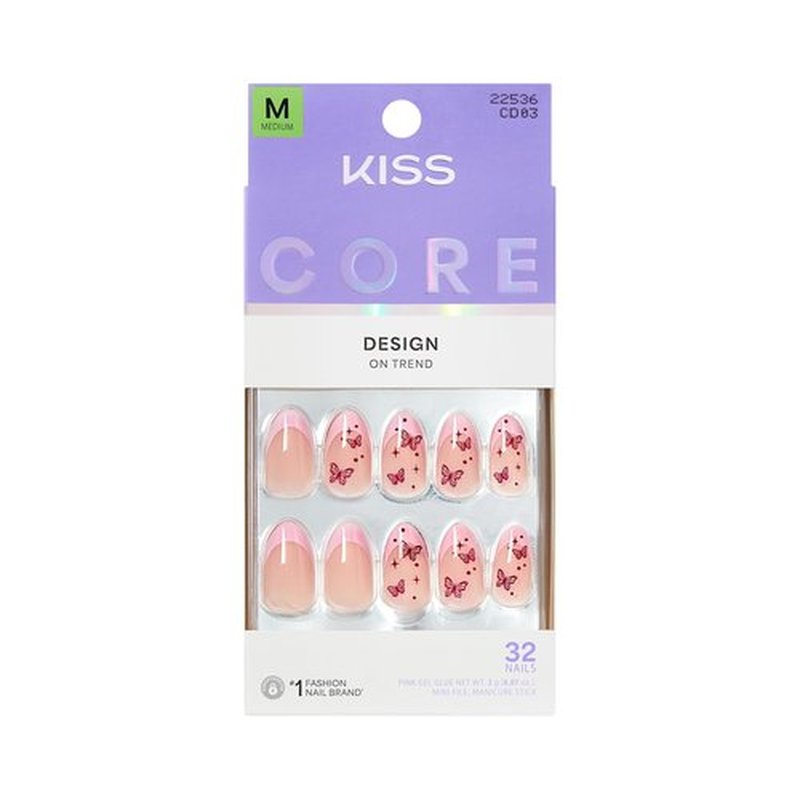 KISS CORE Design Press On Nails Almond, Signature, Pink, Medium, 32 Count