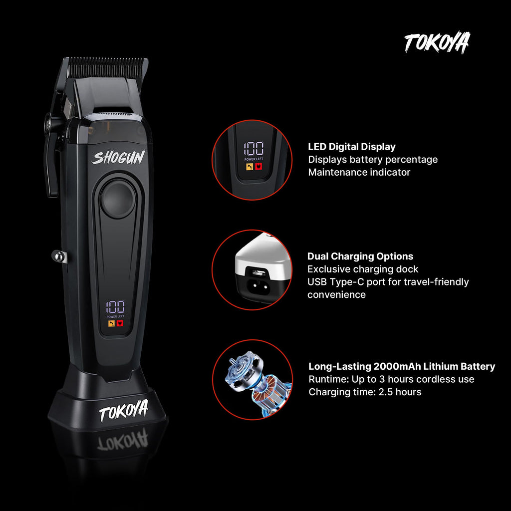 TOKOYA Shogun Professional Hair Clippers – Black Titanium DLC Blade, 7500 RPM Brushless Motor, Adjustable 5-Click Lever, LED Display, USB-C Charging, Cordless Barber Clippers with Guards & Dock