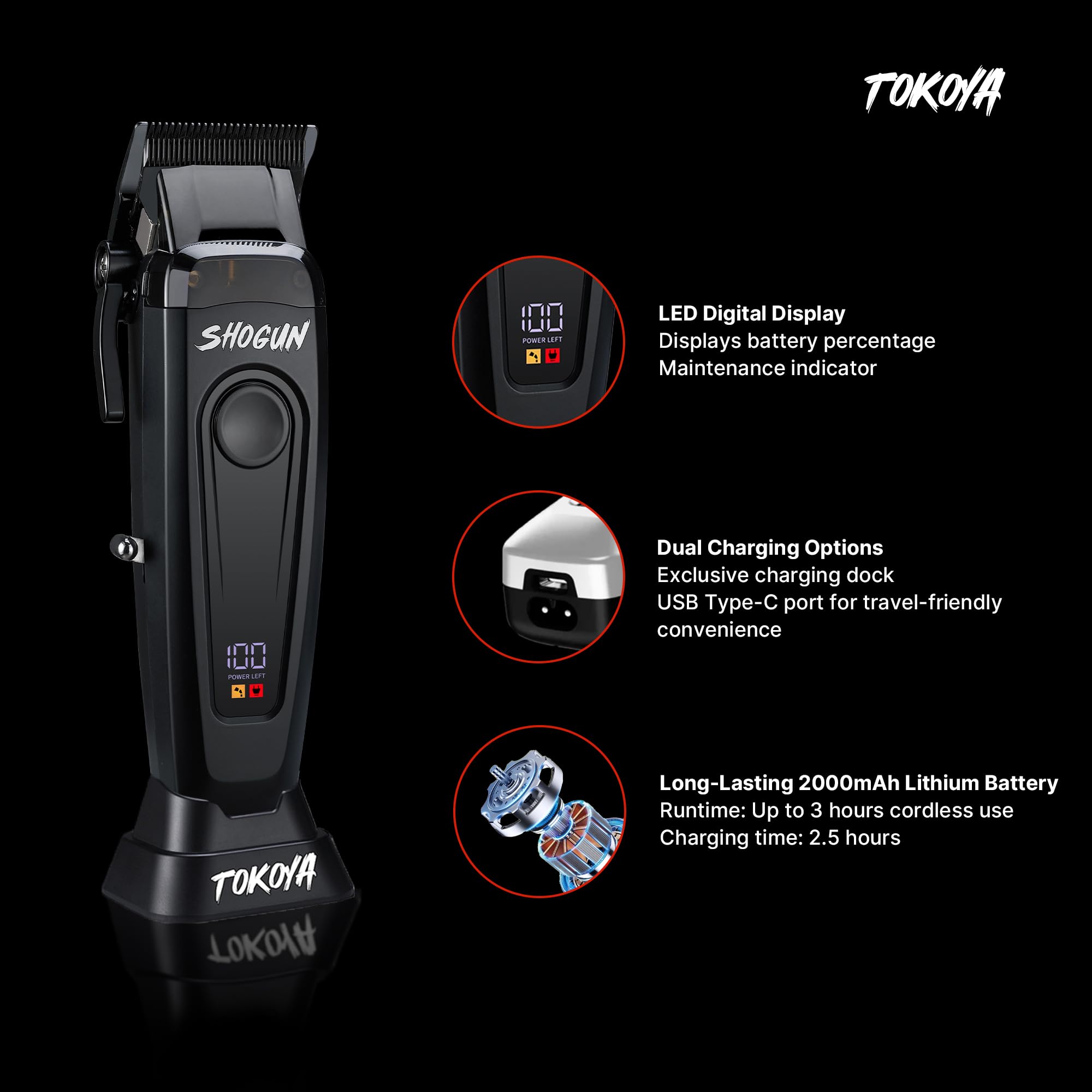 TOKOYA Shogun Professional Hair Clippers – Black Titanium DLC Blade, 7500 RPM Brushless Motor, Adjustable 5-Click Lever, LED Display, USB-C Charging, Cordless Barber Clippers with Guards & Dock