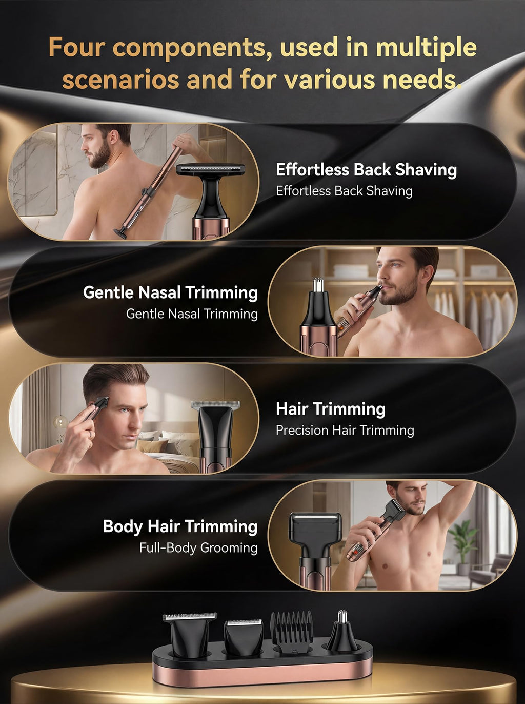 Back Shaver for Men with LED Display, 4-in-1 Rechargeable Body & Back Trimmer, Extendable Long Handle, Safety Lock, IPX7 Waterproof, Adjustable Speed, Wet/Dry Use, Travel Case Included