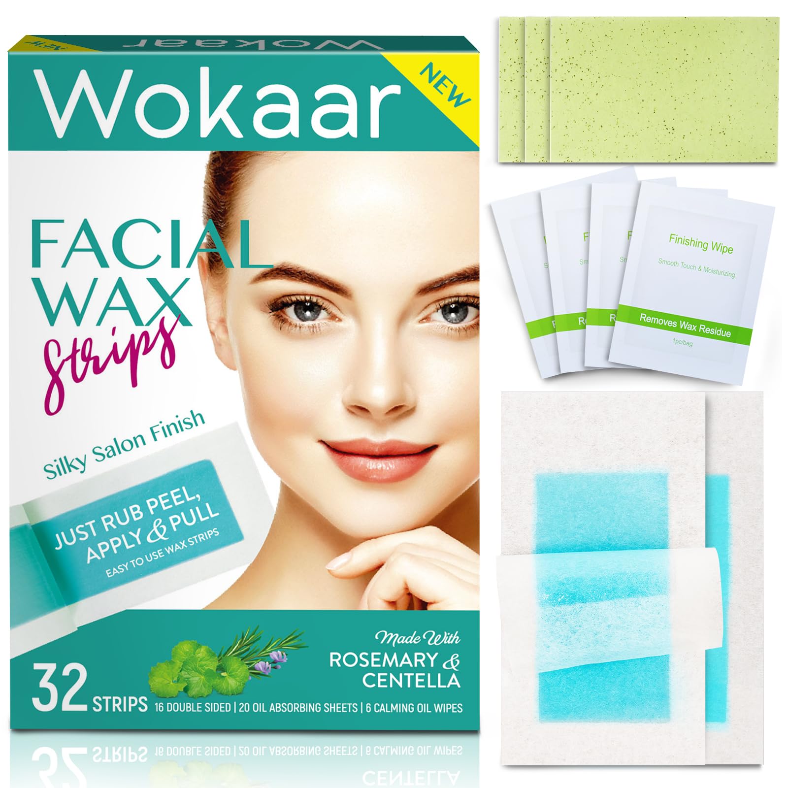 Hypoallergenic Facial Wax Strips for Sensitive Skin | Reusable At-Home Waxing Kit for Eyebrows, Lips, Legs & Bikini | 16 Strips + 6 Calming Oil Wipes + 20 Blotting Sheets