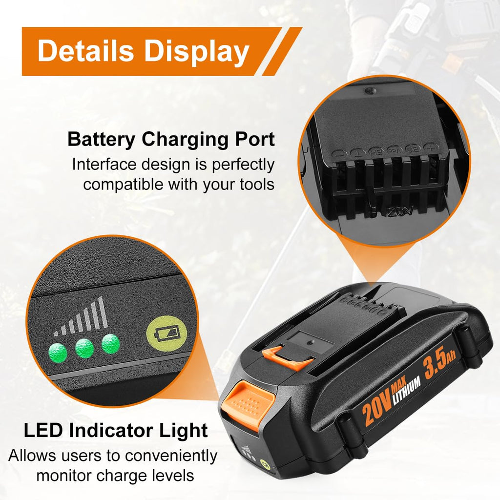 Ahomtikk 2 Pack 3.5Ah 20V Tool Battery Replacment for Worx Battery 20V Power Share WA3525 WA3520 WA3575 Replacs Worx 20 Volt Batteries for WG155s WG251s WG890 WG891