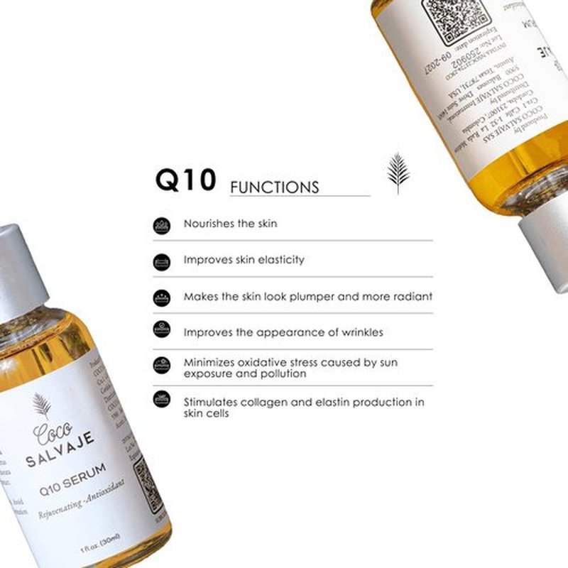 COCO SALVAJE Q10 Facial Serum | Antioxidant Wrinkle-Reducing COQ10 Vitamin E Serum for Brightening and Plumping Skin and Face | Hydrating Skin Care Oil for Women, Men, and Aging Skin | 1oz