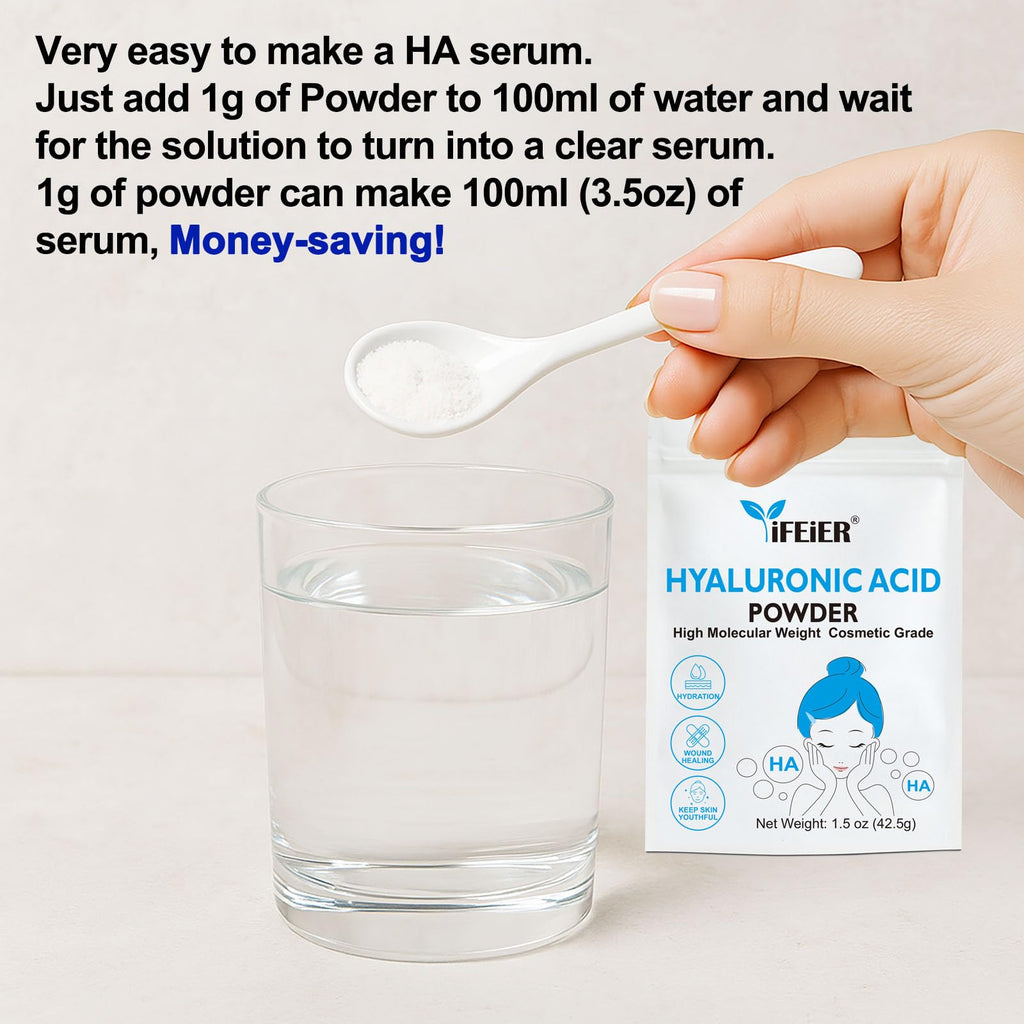 iFEiER Hyaluronic Acid Powder | High Molecular Weight Hyaluronic Acid Serum Powder | 1.5oz(42.5g) Cosmetics Grade | Sodium Hyaluronate | LMW HMW HA ingredient to make gel for DIY Serums