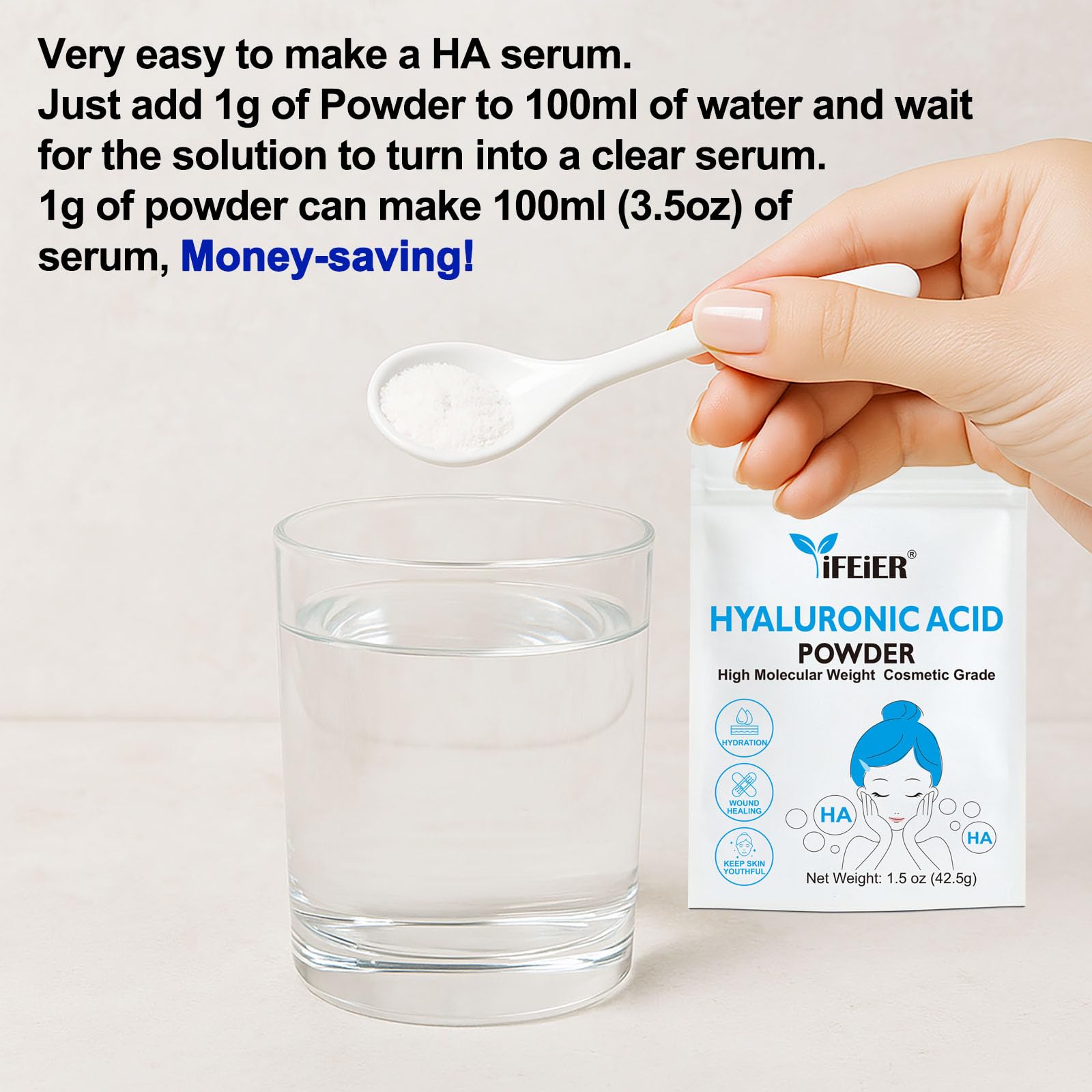 iFEiER Hyaluronic Acid Powder | High Molecular Weight Hyaluronic Acid Serum Powder | 1.5oz(42.5g) Cosmetics Grade | Sodium Hyaluronate | LMW HMW HA ingredient to make gel for DIY Serums