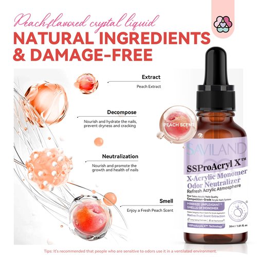 SAVILAND Monomer Odor Neutralizer: 30 ml Peach Scent Monomer Drops Odor Out for Acrylic Nail Liquid Monomer Drops Nail Monomer Smell Eliminator with Dropper Nail Tech Acrylic Nails Salon Home Use