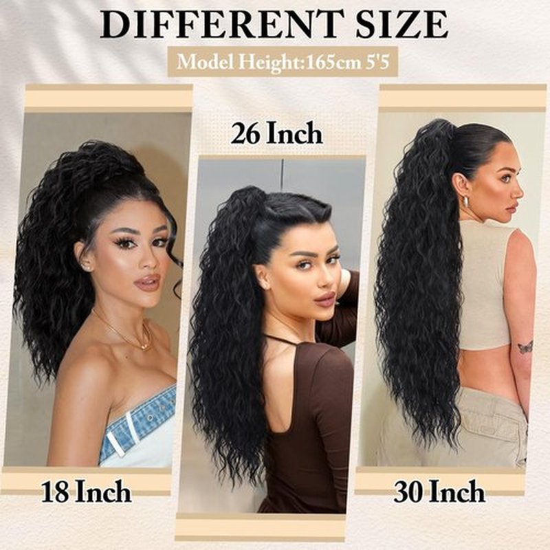 CHRSHN Claw Clip Ponytail Extension Long Black Curly Drawstring Clip in Pony Tails Hair Extensions 26 Inch Synthetic Layered Fluffy Hairpieces for Women