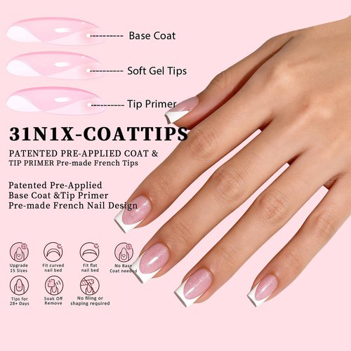 Dsixnails Short Pink Glitter Base Soft Gel Nail Tips, 150Pcs Square French Tip Press On Nails, Pre-Lasting Acrylic Fake Nails, Soak Off Full Cover Nails Extension for Women Girl 15Sizes