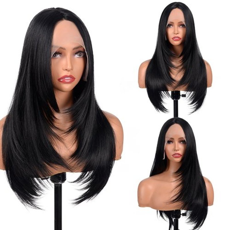 Black Wigs for Women 26 Inches Long Straight Layered Wig Middle Part Black Layered Wigs Natural Looking Heat Resistant Synthetic Wig for Daily Party Cosplay Use (#1B Natural Black, 26 Inch)