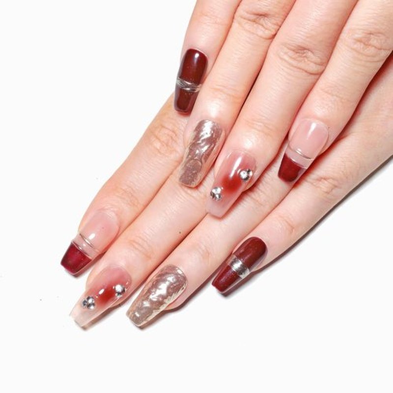 Sun&Beam Nails Handmade Press-on Medium Long Coffin Ballerina Red Nude Gold Gradation Design False Nail Tips 10 Pcs (#043 S)