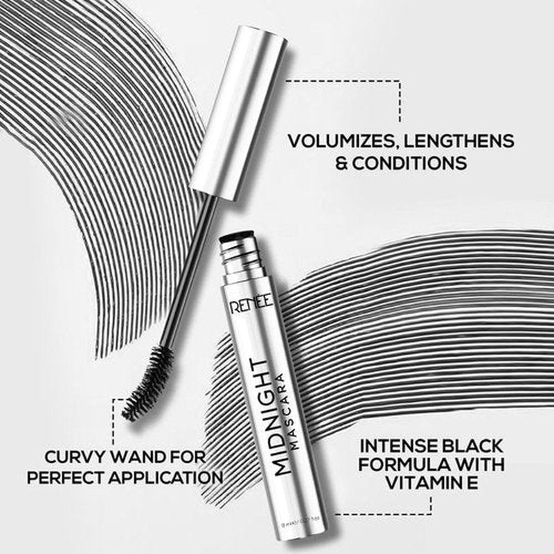 Renee Midnight Mascara - Clump-Free, Long-Lasting Formula with 360-Degree Wand | Darkest Black, Nourishing with Vitamin E