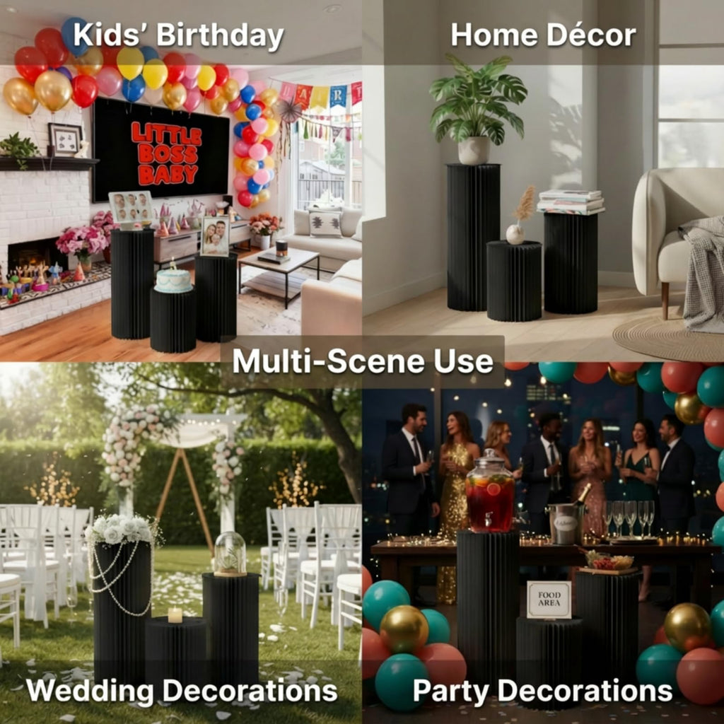 Cylinder Stands for Party, Shape&Use 3PCS Round Black Pedestal Display Stands, Foldable Cardboard Columns for Wedding, Birthday, Anniversary Decor, 15.7in Dia. (15.7/23.6/31.5in H) with Storage Bag
