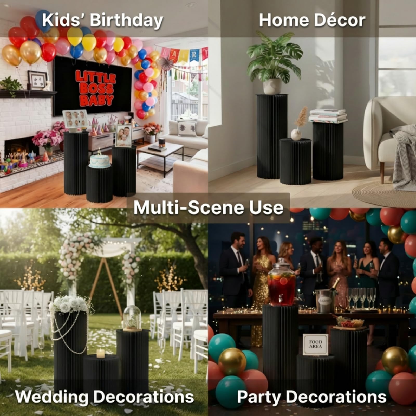 Cylinder Stands for Party, Shape&Use 3PCS Round Black Pedestal Display Stands, Foldable Cardboard Columns for Wedding, Birthday, Anniversary Decor, 15.7in Dia. (15.7/23.6/31.5in H) with Storage Bag