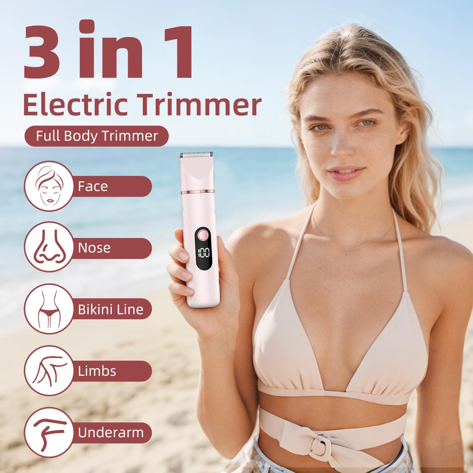 Bikini Trimmer for Women 3 in 1 Electric Shaver Razors Nose Hair Trimmer Waterproof Pubic Hair for Underarm Leg Arm Body (Pink)