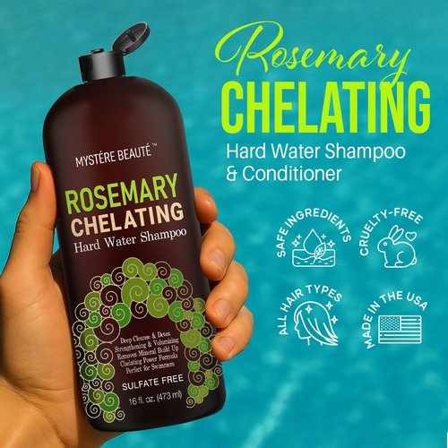 MYSTÈRE BEAUTÉ Rosemary Chelating Shampoo and Conditioner Set - 16 oz Each - Hard Water & Chlorine Removal with Biotin, Keratin & Tea Tree – Sulfate Free Clarifying Hair Strengthening Formula