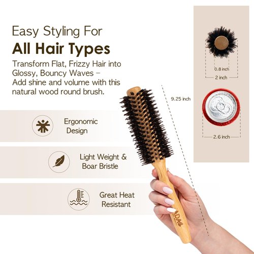 Tada Natural Beauty Round Brush for Blow Out Bamboo Hair Brush l Detangling Brush for Women, Men, and Kids (Boar round brush)