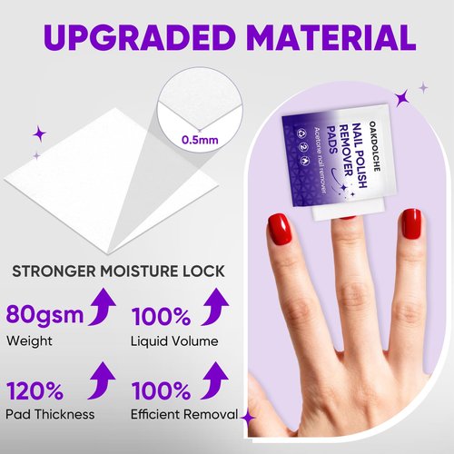 OAKDOLCHE 250 Pack Bulk Acetone Nail Polish Remover Pads, Individually Wrapped & Travel-Friendly, Quick & Effective for Gel & Fingernail Polish, Home & Professional Nail Polish Removal Wipes