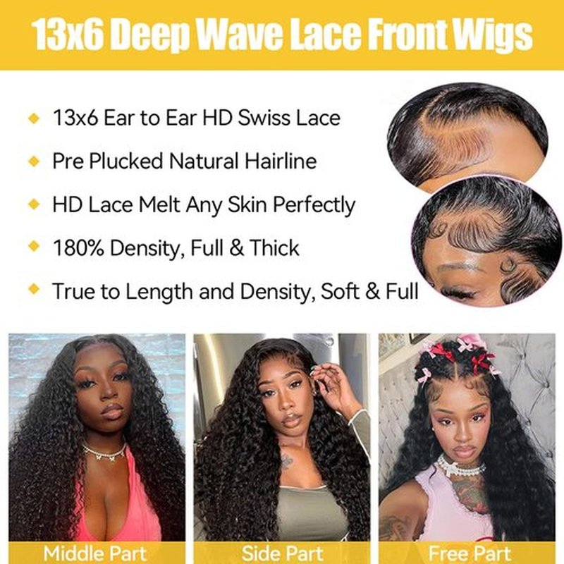 KTOOYKE 30 Inch 13x6 Deep Wave Lace Front Wigs Human Hair Pre Plucked 180 Density HD Lace Frontal Wigs Human Hair for Women Deep Curly Wig Natural Color