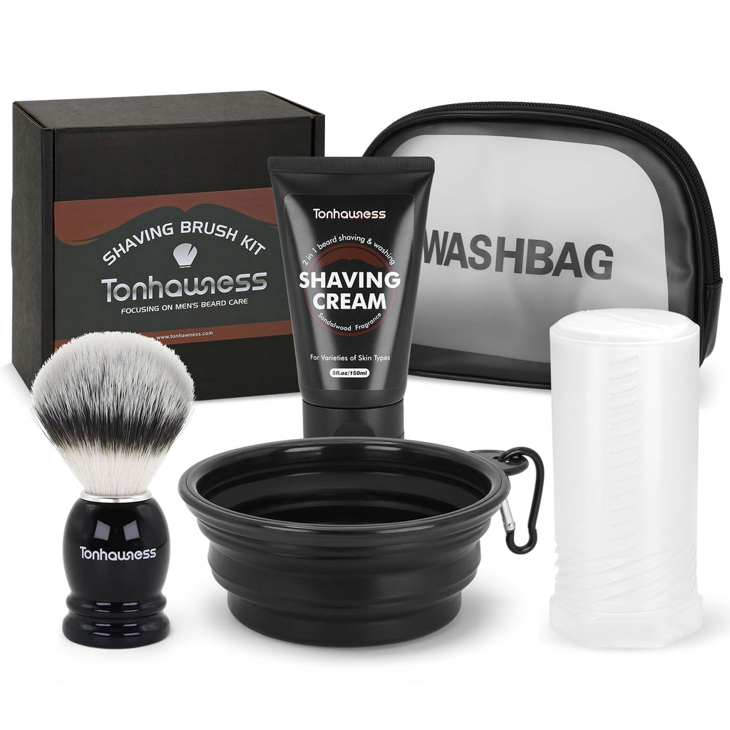 Travel Shaving Brushes Kit For Men, 5 In 1 Shaving Brush Set With Nylon Bristle Shave Brush, Shave Brushes Travel Case, Shaving Cream, Foldable Shaving Bowl and Washbag For Trip, Holiday