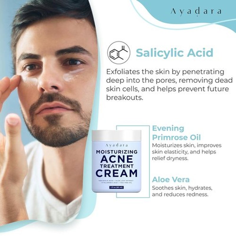 Ayadara Moisturizing Acne Cream - Salicylic Acid Face Moisturizer for Oily Skin | 90-Day Supply