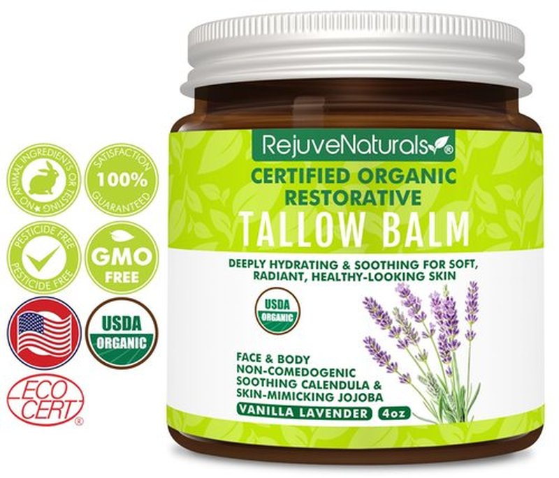 RejuveNaturals USDA Certified Organic Beef Tallow Balm, Large 4oz Glass Jar – Grass Fed & Finished Tallow with Beeswax & Jojoba Oil – Solid, Non-Comedogenic (Vanilla Lavender)