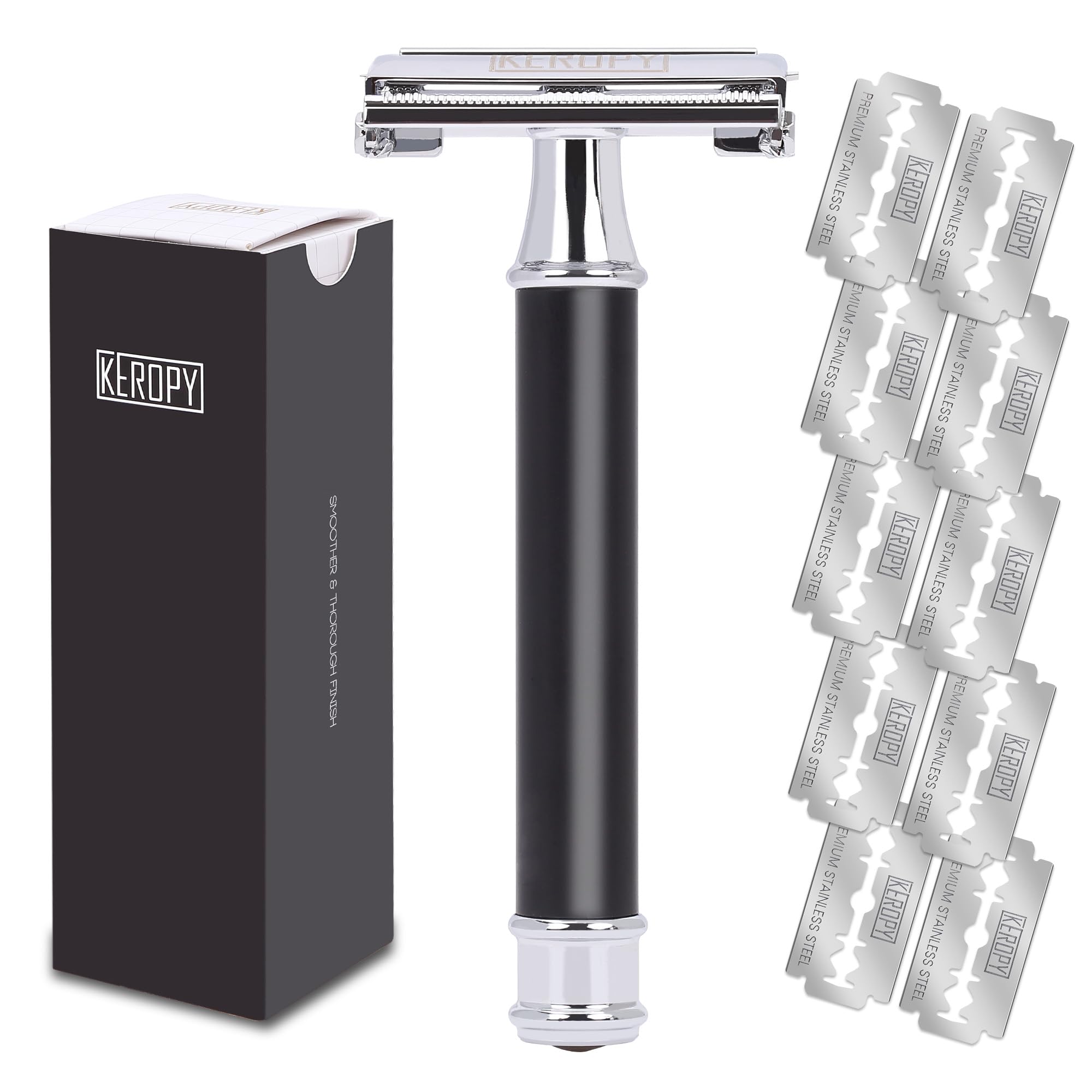 Mens Safety Razor, Black Matte Finish Heavy Weight DE Safety Razor for Wet Shaving, includes 10 Keropy Blades - Vintage Classic Design, Non-Slip Handle - Ideal Gift for Men, Father's Day, Birthday