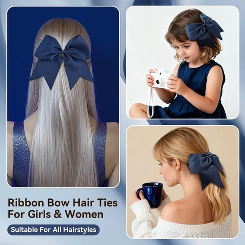 AXEN Large Cheerling Bow, 8 inch Cheer Hair Bows with Ponytail Holder for Teen Girls Sports Cheerleader Hair Accessories, Drak Blue