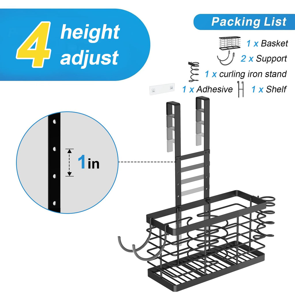 Sevenblue Hair Tool Organizer, 2026 Upgraded 3-in-1 Universal Hair Dryer Holder, Adjustable Height Metal Blow Dryer Holder Wall Mounted/Over Cabinet Door/Free-Standing (Black)