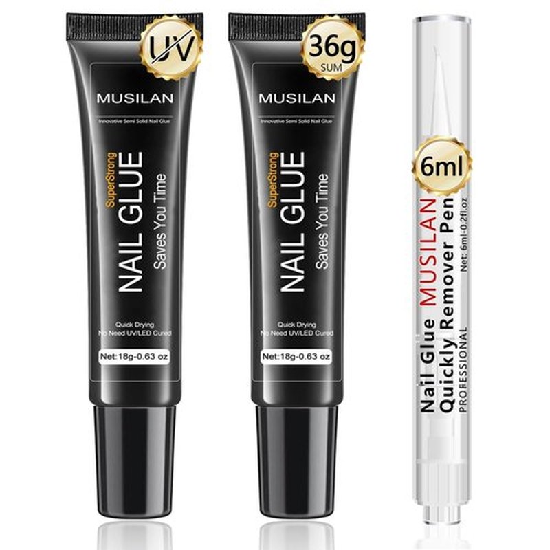 2PCS 18g Solid Nail Glue Gel with 6ml Remover Pen,Super Strong Nail Glue & Quick Drying Remover for Press On Tips No Need for UV Lamp Magic Click Removal Pen Powder Design