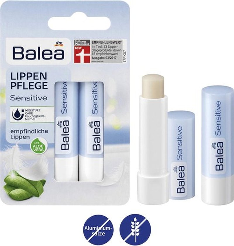 Balea Sensitive Lip Care - Nourishing Aloe Vera, Avocado & Almond Oil - 2 Pack