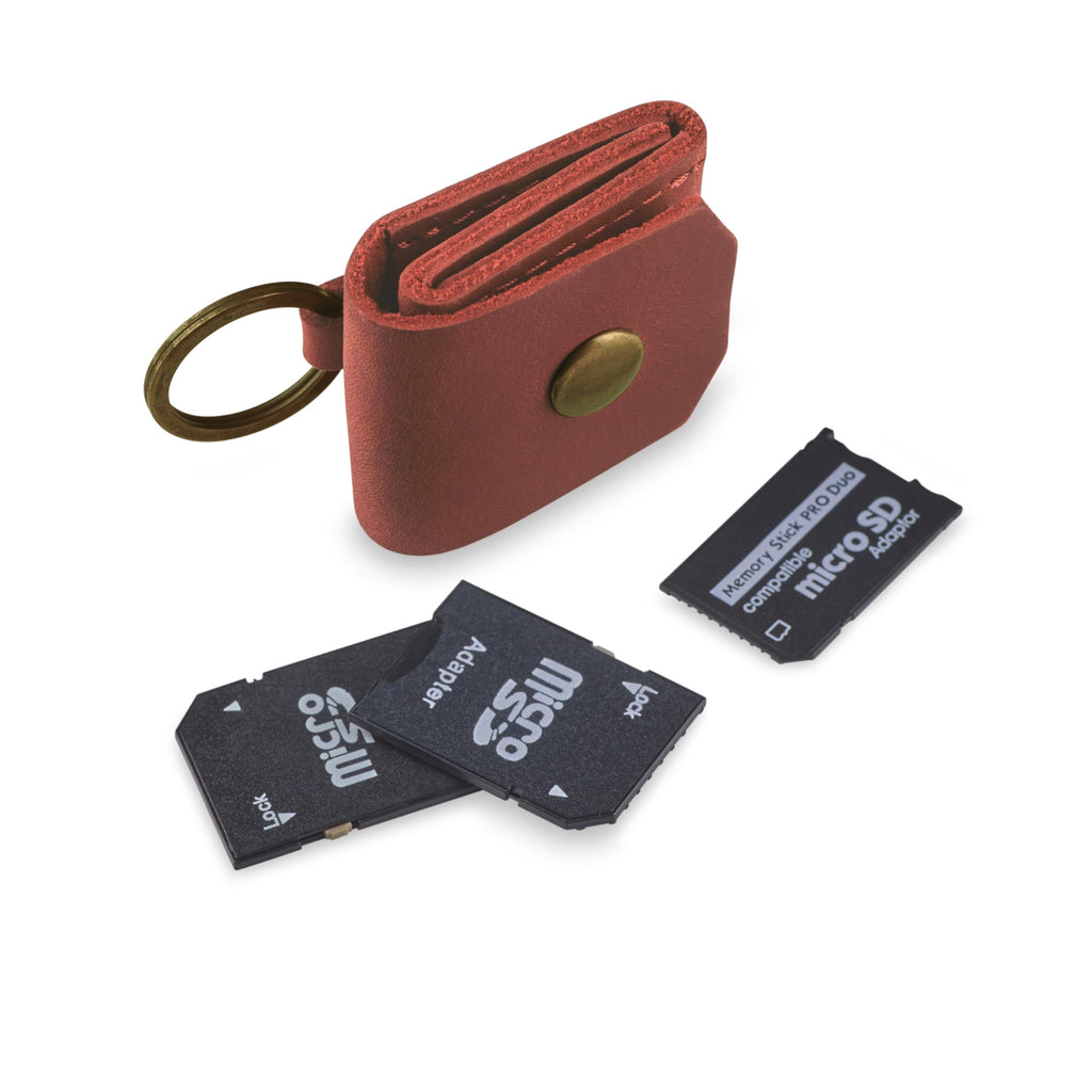 Leather SD Card Holder Keychain, SD Card Case Key Fob, Micro SD Card Holder Organizer, SD Card Storage Case, Memory Card Case Cover, Travel Memory Card Case (Cognac)