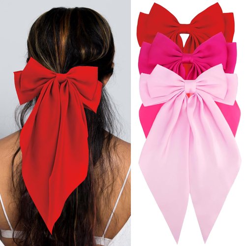 Loqpol 3 PCS Silky Satin Hair Bows, Oversized Long Tail Bows with Barrette Clips, Coquette Hair Accessories for Women and Girls (Red Hot Pink Light Pink)