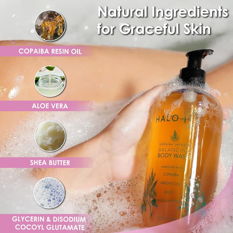Halo 42 Body Wash – Organic & Natural Copaiba Infused Shower Gel Cleanser, Hydrating Skin Cleanser with Aloe Vera, Argan Oil and Shea Butter – Soothing & Refreshing Formula for All Skin Types – 16 oz