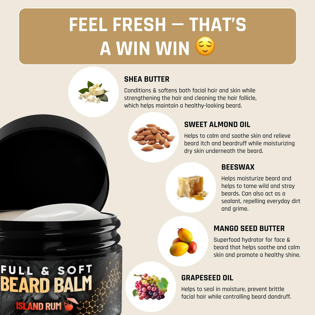 Derm Dude Full and Soft Beard Balm for Men – Conditioning Balm with Natural Oils for Growth, Softness & Styling – Tames Frizz, Hydrates Skin – Non-Greasy - Island Rum, 2oz