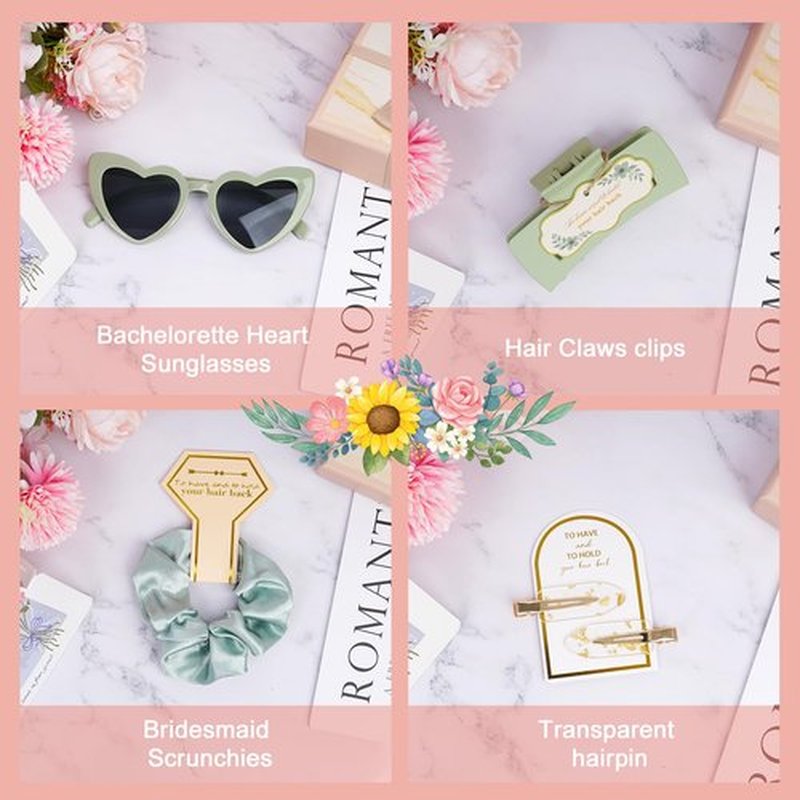 Sage Green Bridesmaid Gifts for Proposal, 8PCS Girls Gift Set with Hair Claws, Scrunchies, Makeup Clips & Heart Sunglasses, Wedding Bachelorette Party Favors, Birthday Gifts for Women Teens