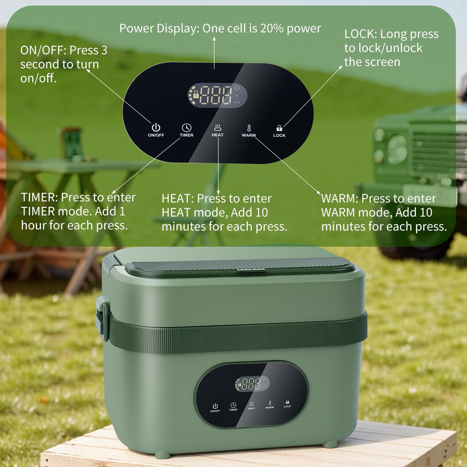 MDHAND Heated Lunch Box for Men - 18000mAh Battery Powered Cordless Electric Lunch Box for Adults Worker, Commuters, Drivers, 5 Side Self-Heating, Scheduled Heating & 6.3 Cups Container