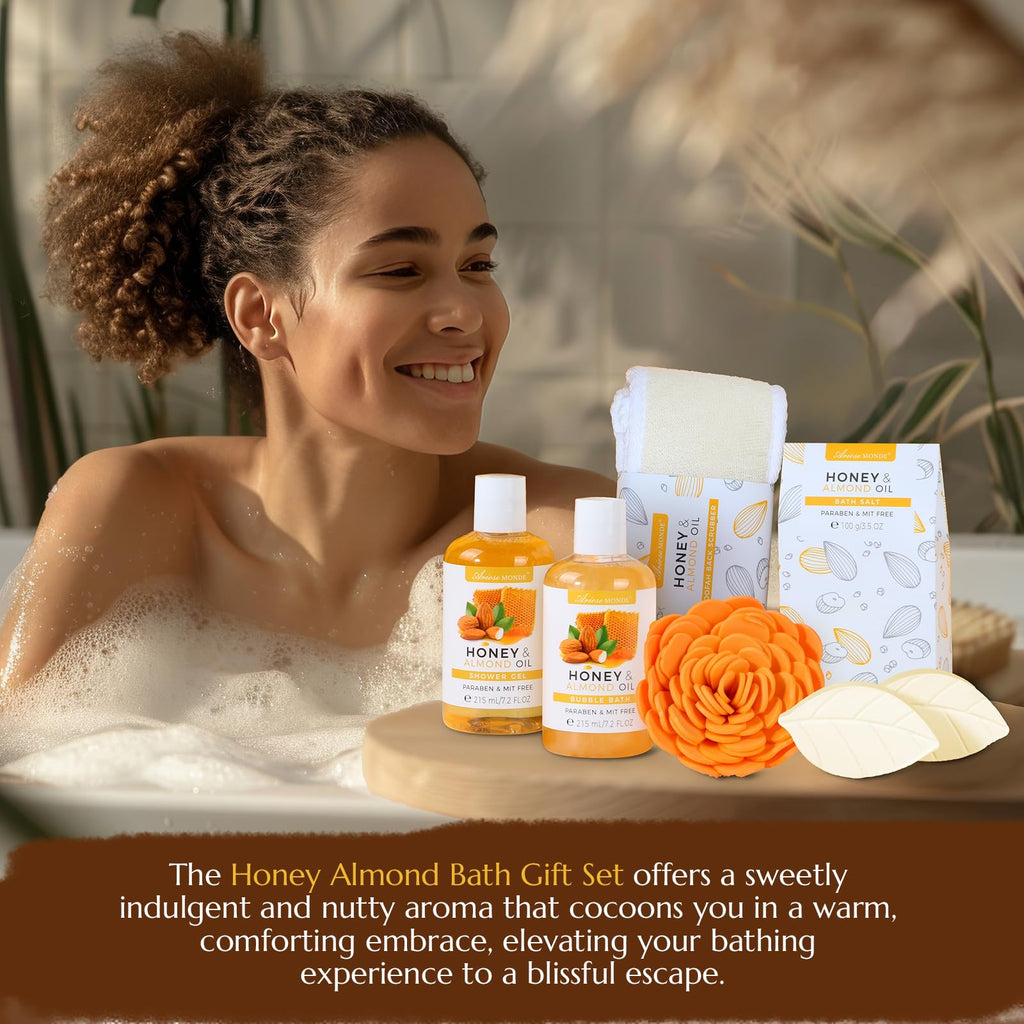 Bath Spa Gift Basket, Bath & Body Gift Set for Women & Men, Includes Shower Gel, Bubble Bath, Bath Salt, Bath Sponge, Spa Gift Box for Mother's Day, Birthday, Wedding, Honey & Almond 8pcs