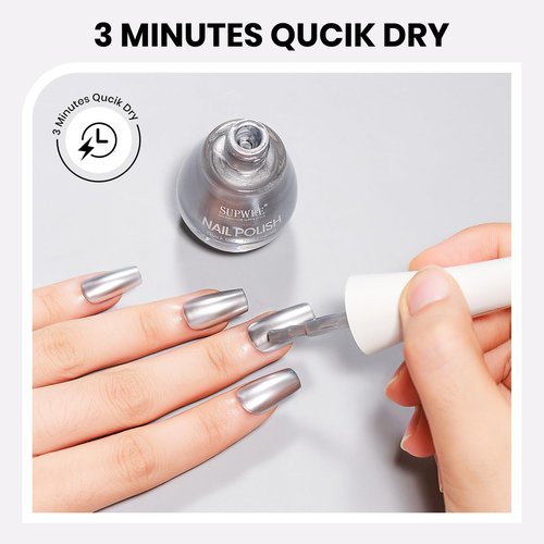 SUPWEE Silver Metallic Nail Polish Quick Dry Mirror Nail Polish Non Gel High Glossy Nail Lacquer Air Dry Chrome Nails Polishes Oil-based Holo Fingernail and Toenail